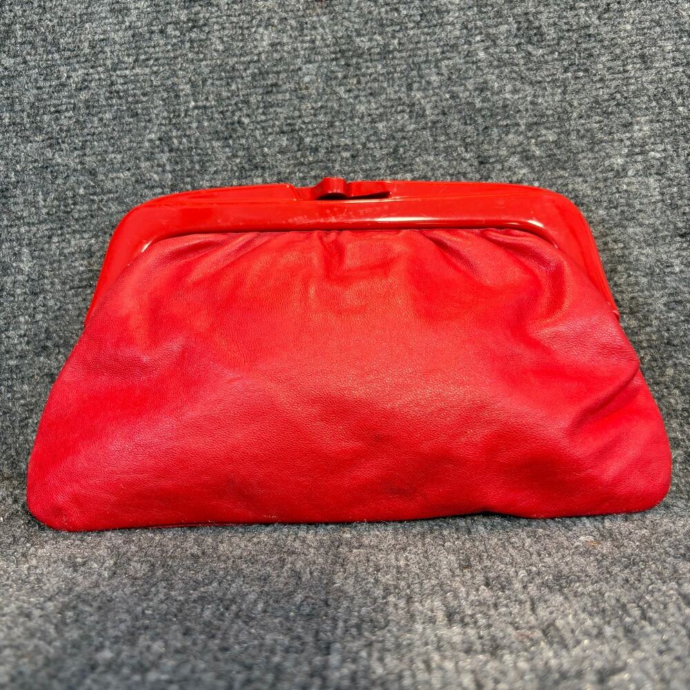 Vintage Maas Brothers Italy Genuine Red Leather Frame Clutch Purse Evening Bag